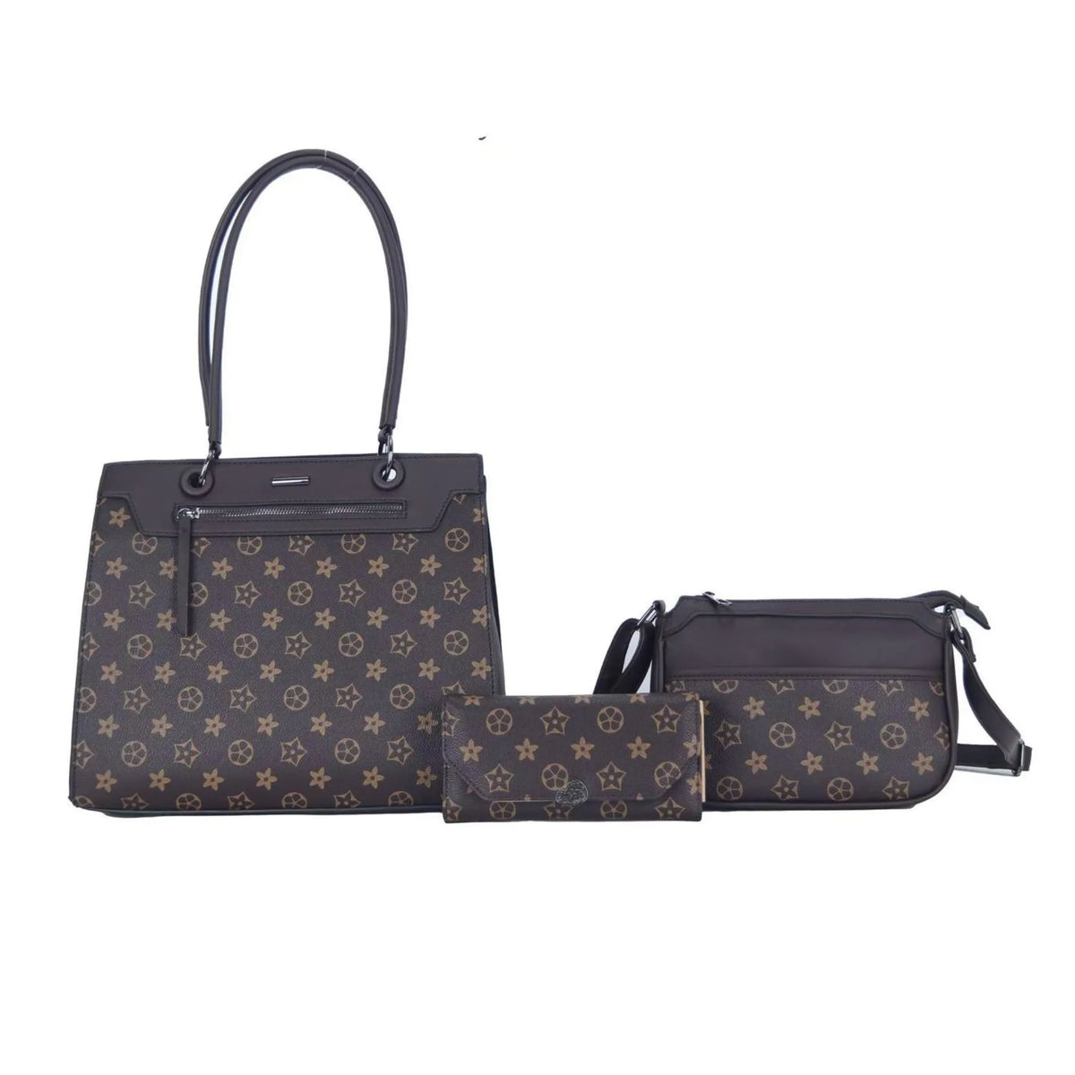 Set of patterned handbags on a white background