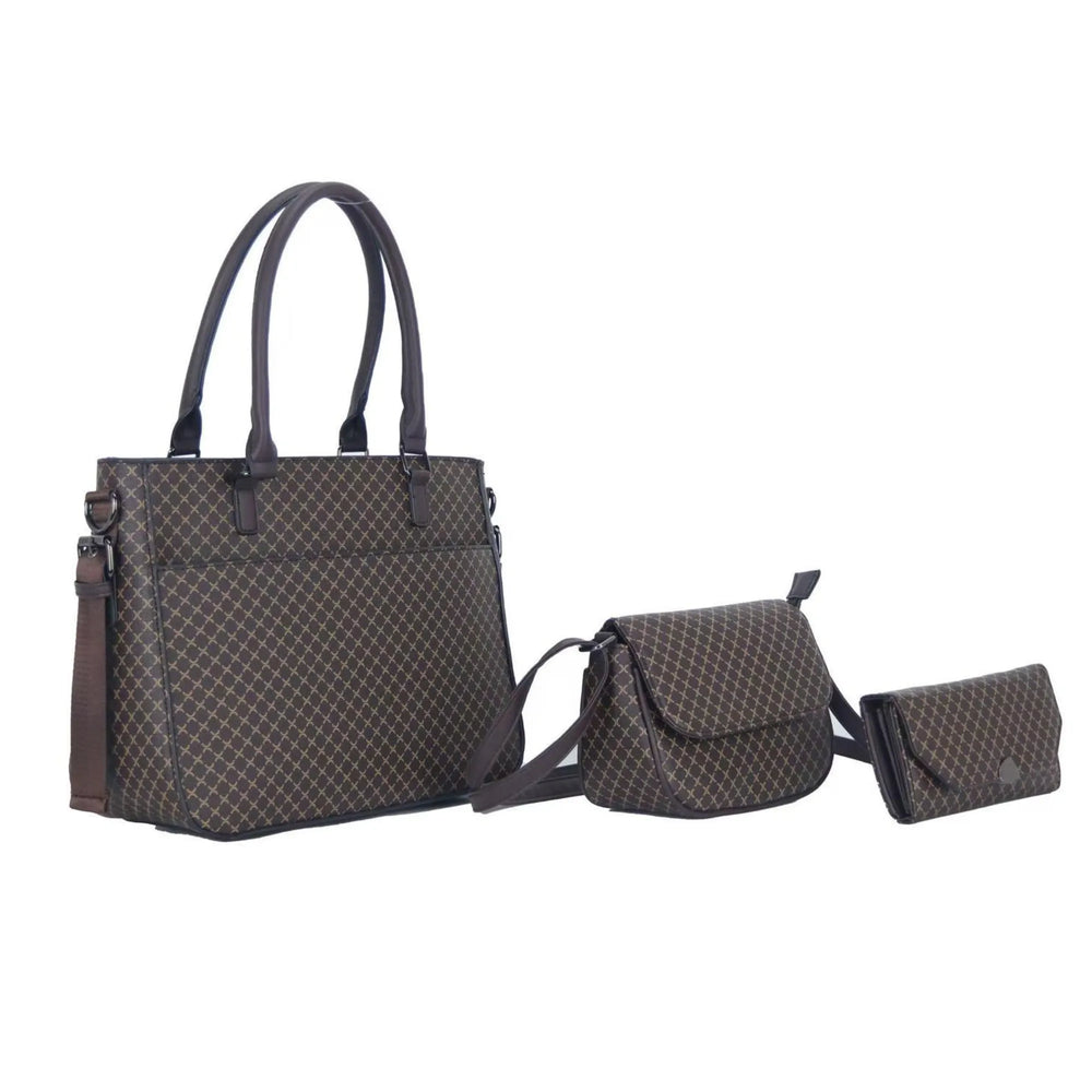 Set of three brown handbags with a geometric pattern on a white background