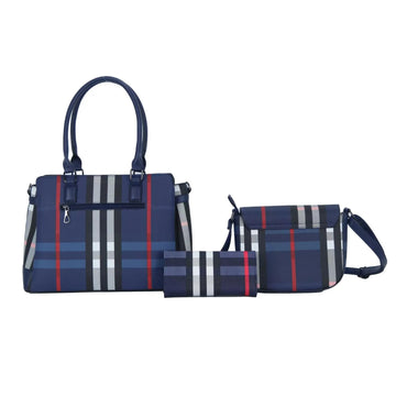 Set of three blue plaid bags on a white background