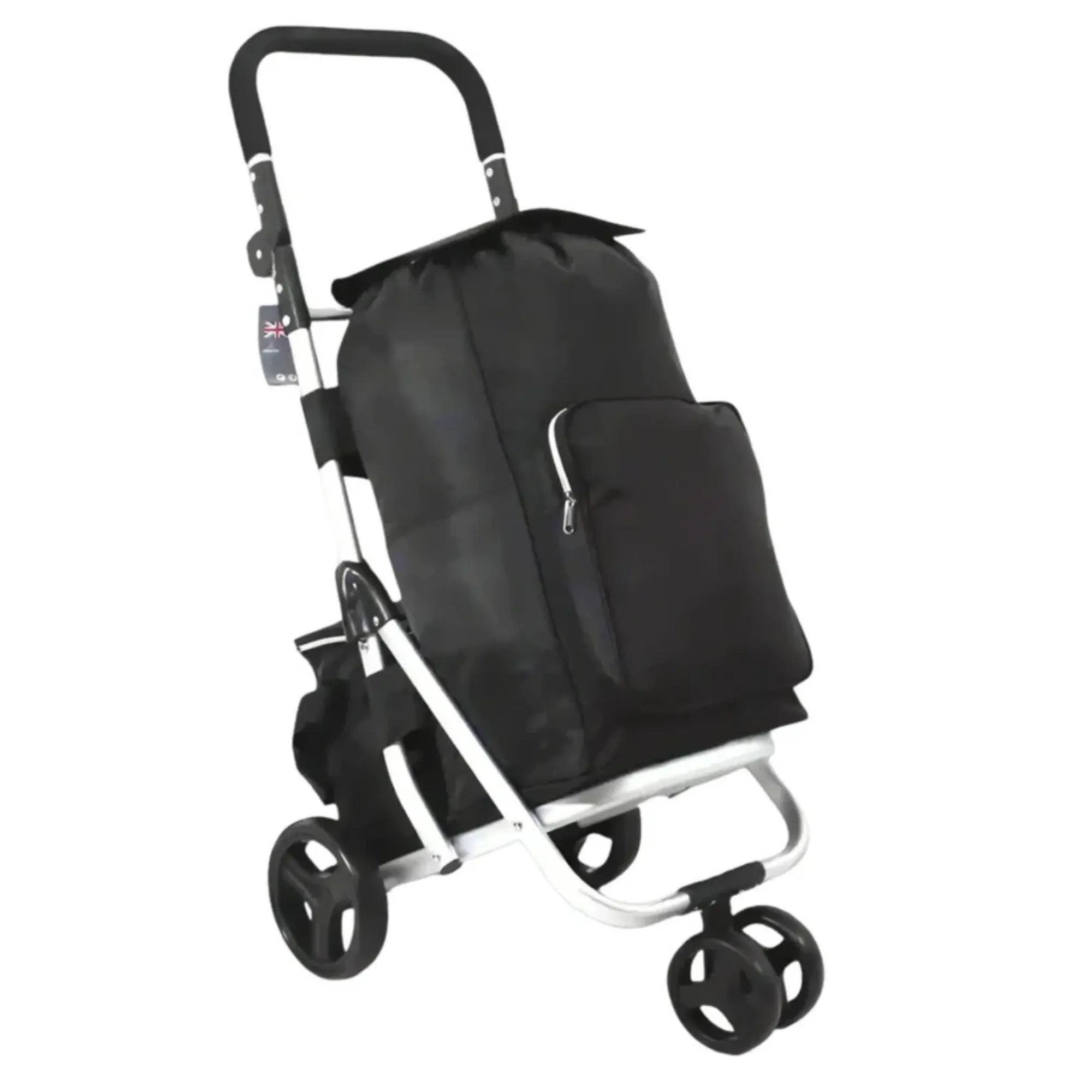 Black shopping trolley with a bag on a white background
