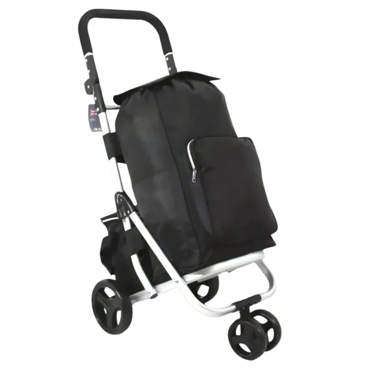 Black shopping trolley with a bag on a white background
