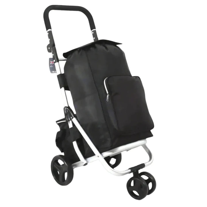 Black shopping trolley with a bag on a white background