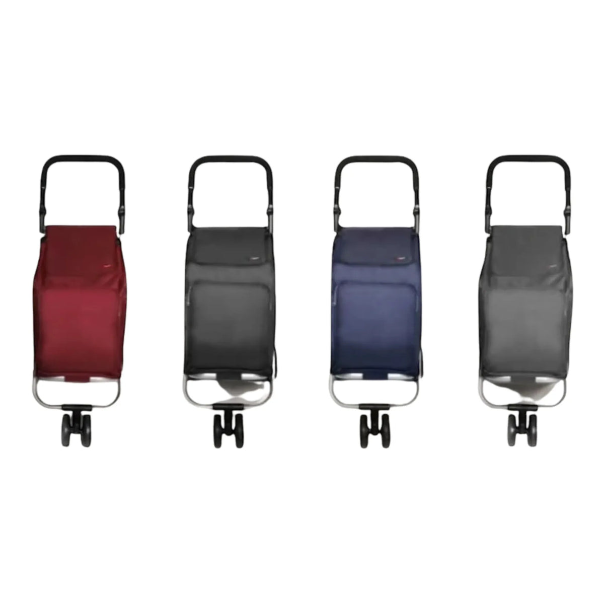 Four different colored shopping trolleys on a white background