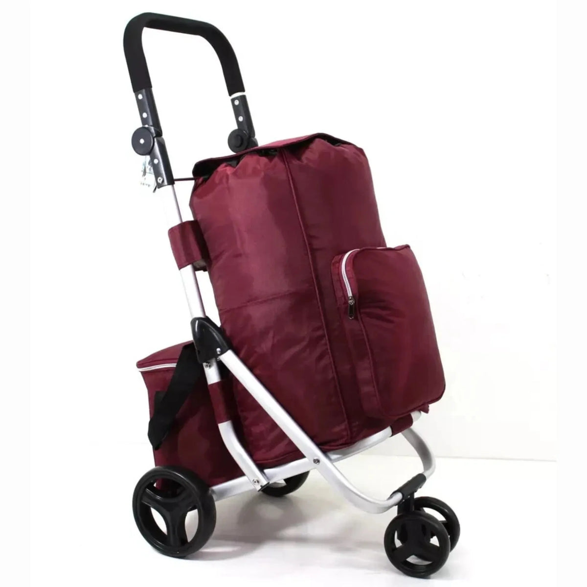 Maroon shopping trolley with wheels on a white background