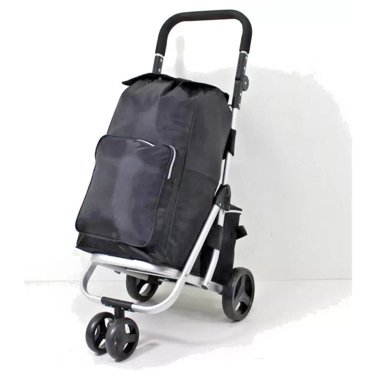 Black shopping trolley with a bag on a white background