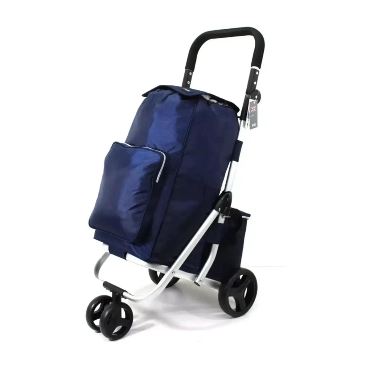 Blue shopping bag attached to a black and silver shopping trolley on a white background