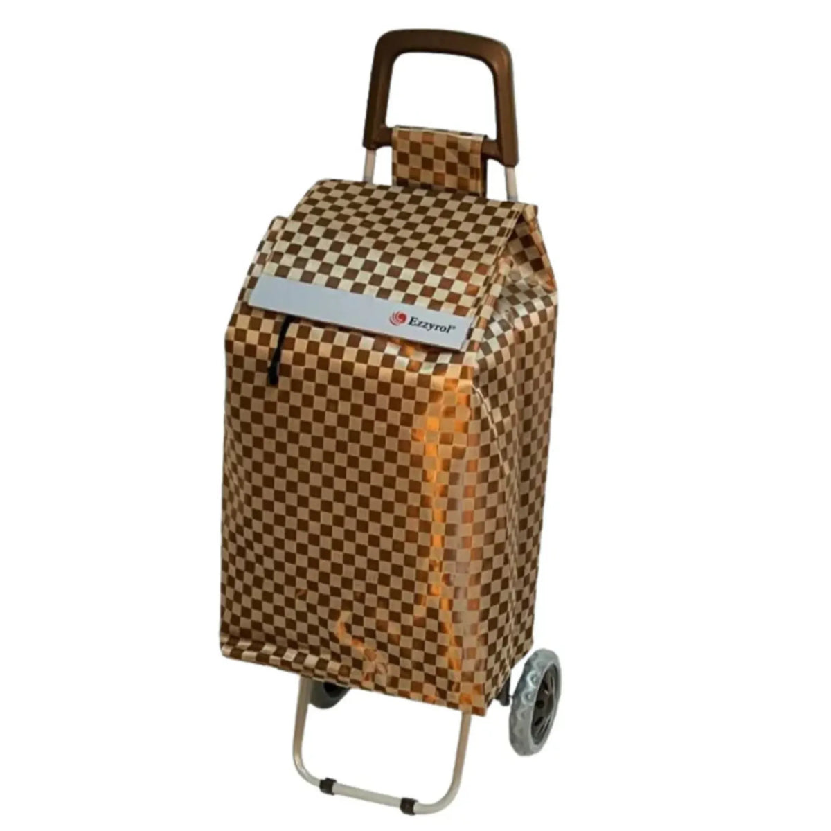 Checkered shopping trolley with a brand label on a white background