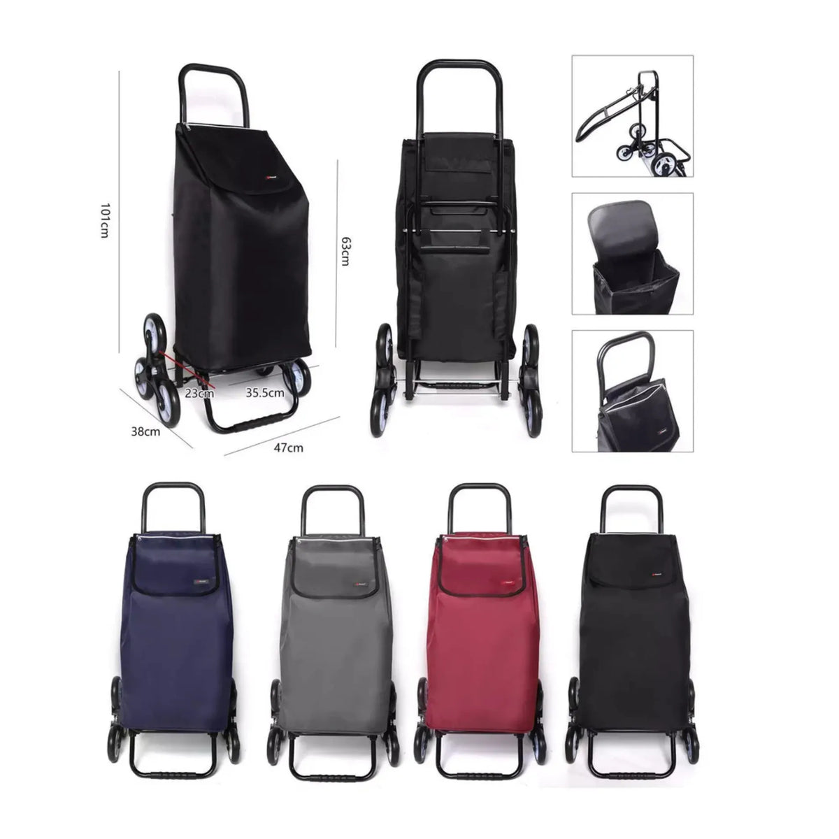 Multifunctional shopping trolley with various color options and dimensions displayed.