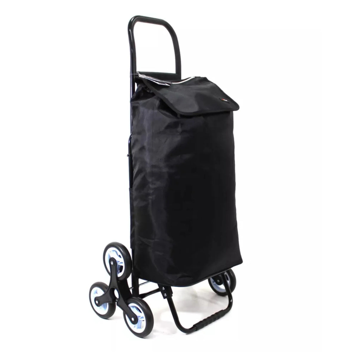Black shopping trolley with a bag on a white background