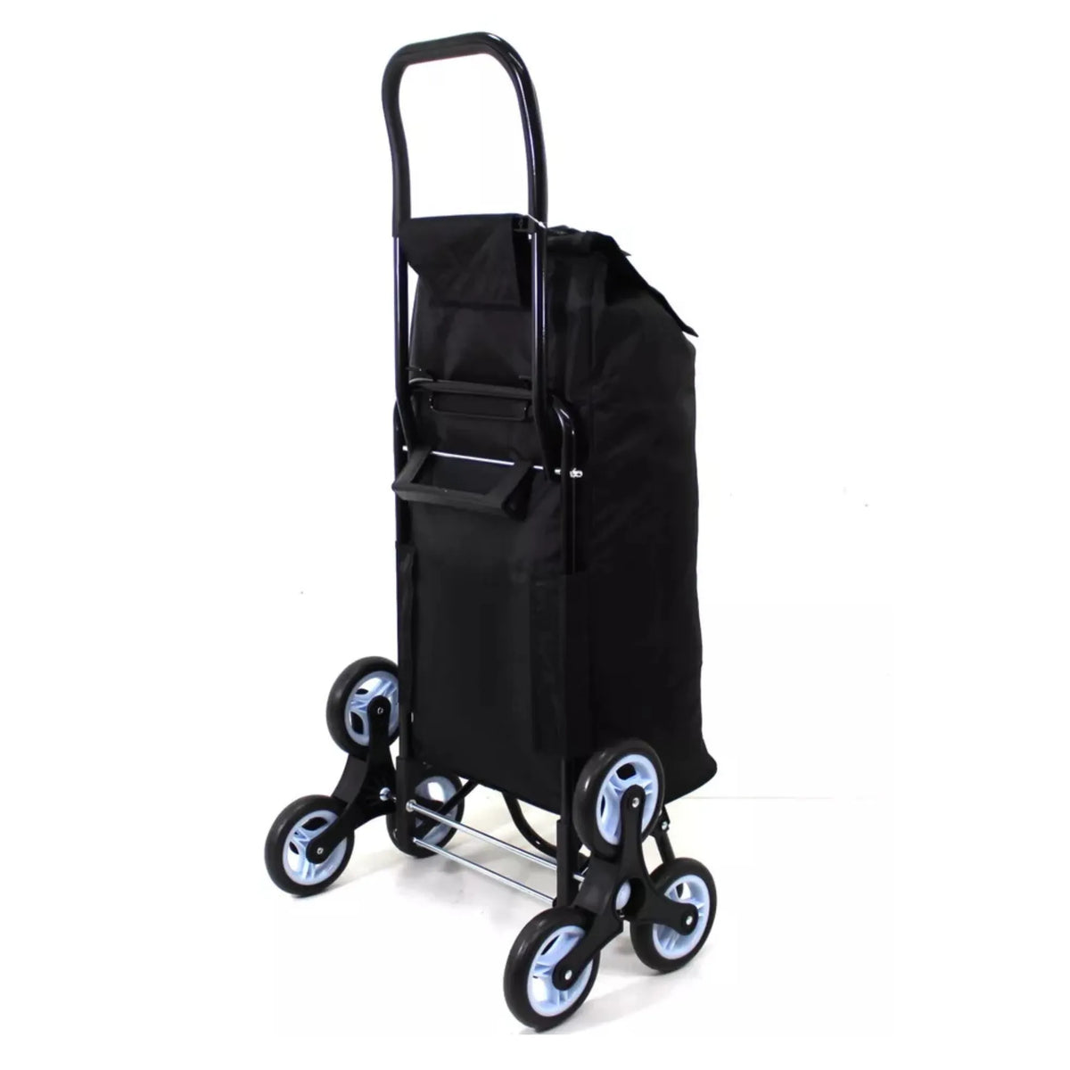 Black shopping trolley with a bag on a white background