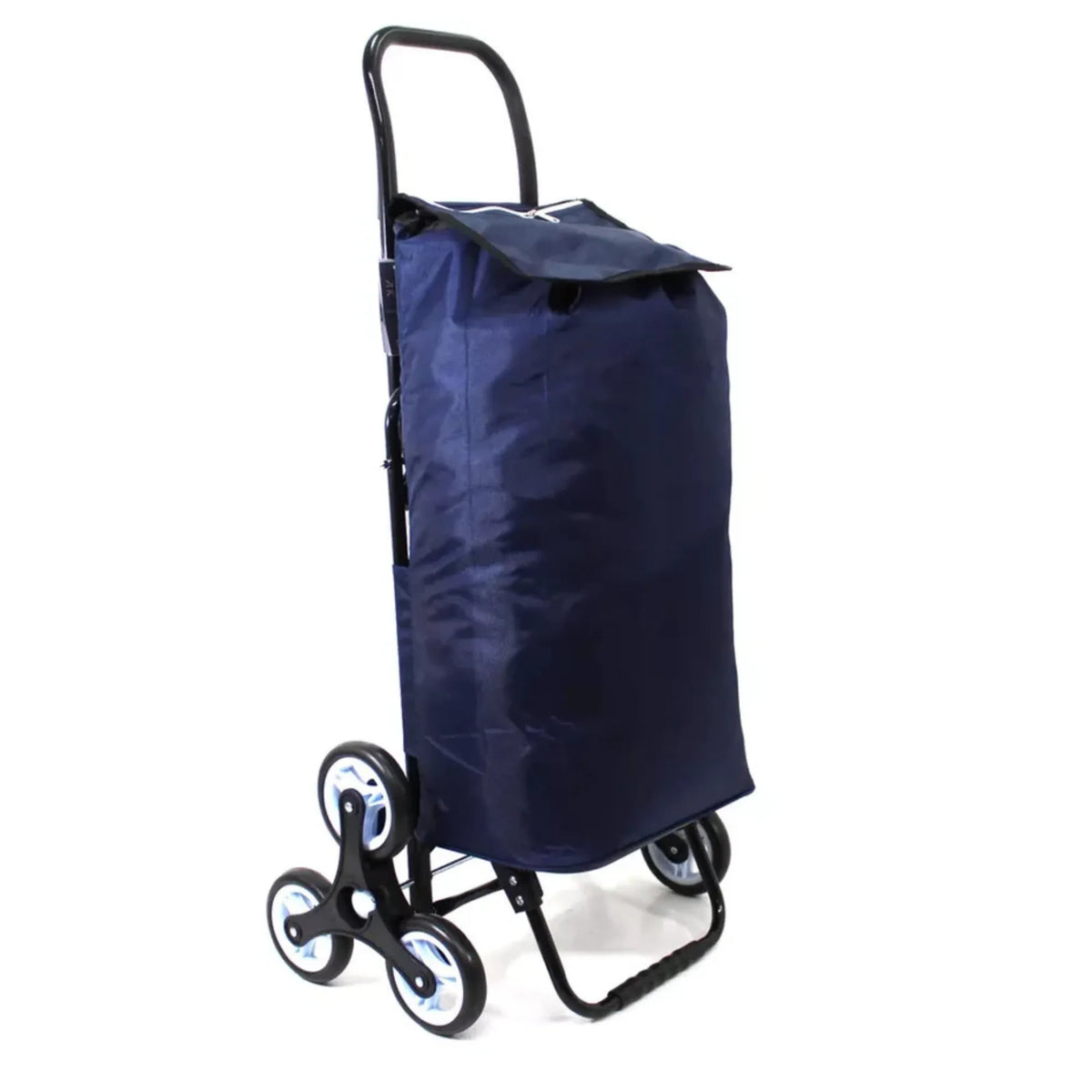 Navy blue folding shopping trolley with wheels on a white background