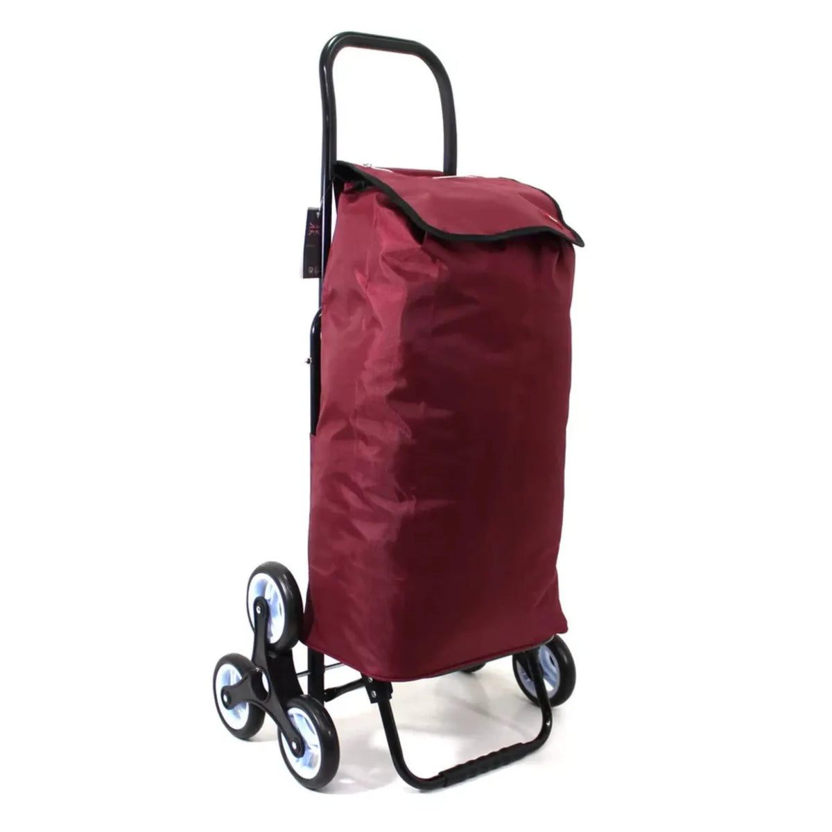 Maroon shopping trolley with wheels on a white background