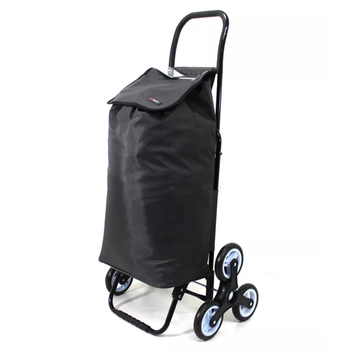 Black shopping trolley with a bag on a white background