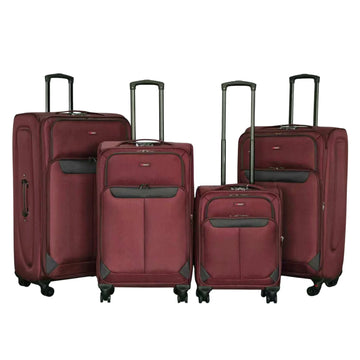Set of four maroon suitcases with black handles and wheels on a white background