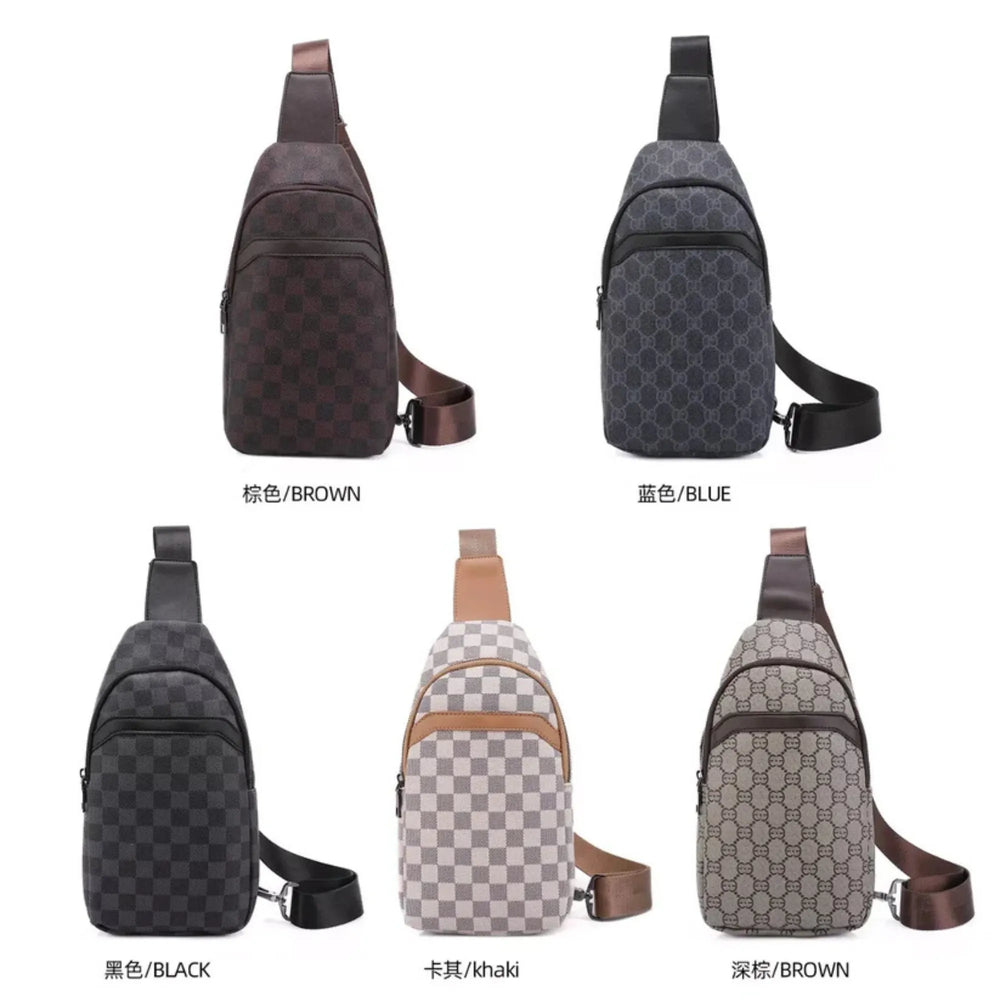 Collection of different colored crossbody bags on a white background