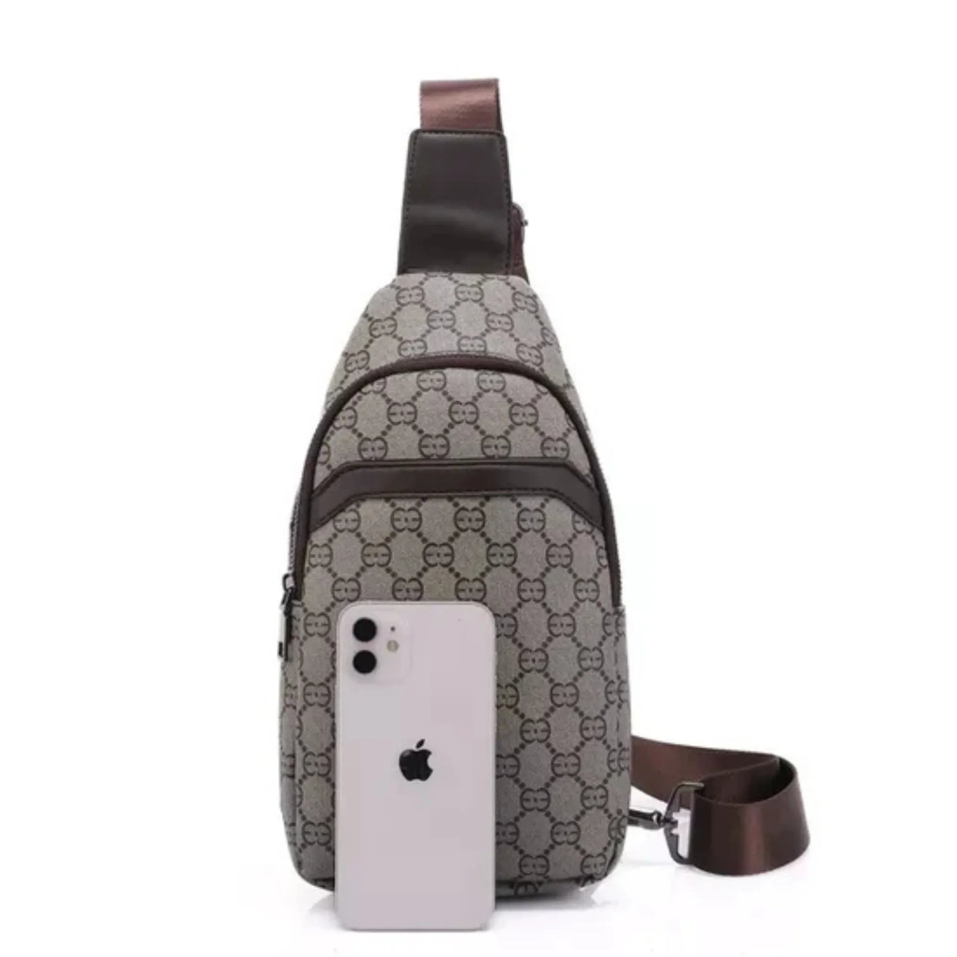 Gray patterned crossbody bag with a phone on a white background