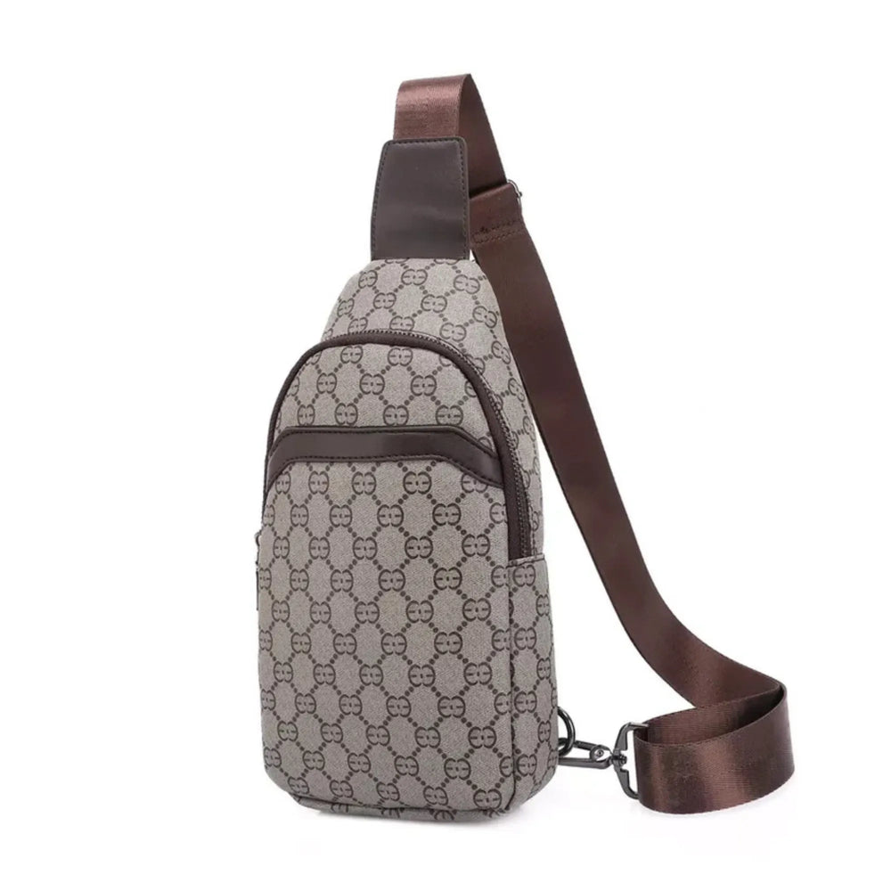 Sling bag with brown strap and patterned design on a white background