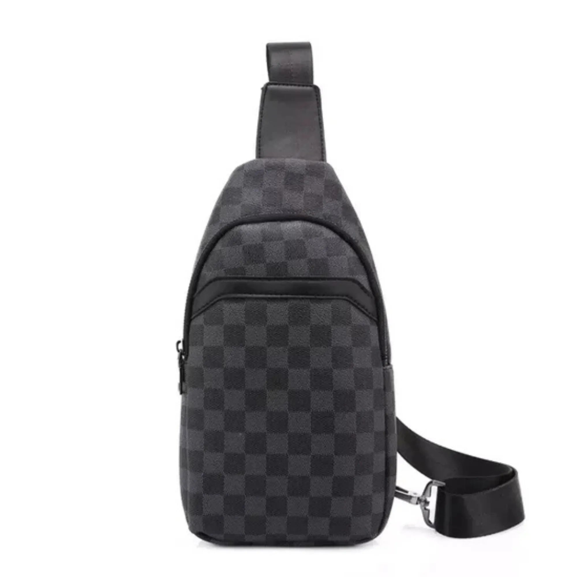 Gray checkered sling bag on a white background