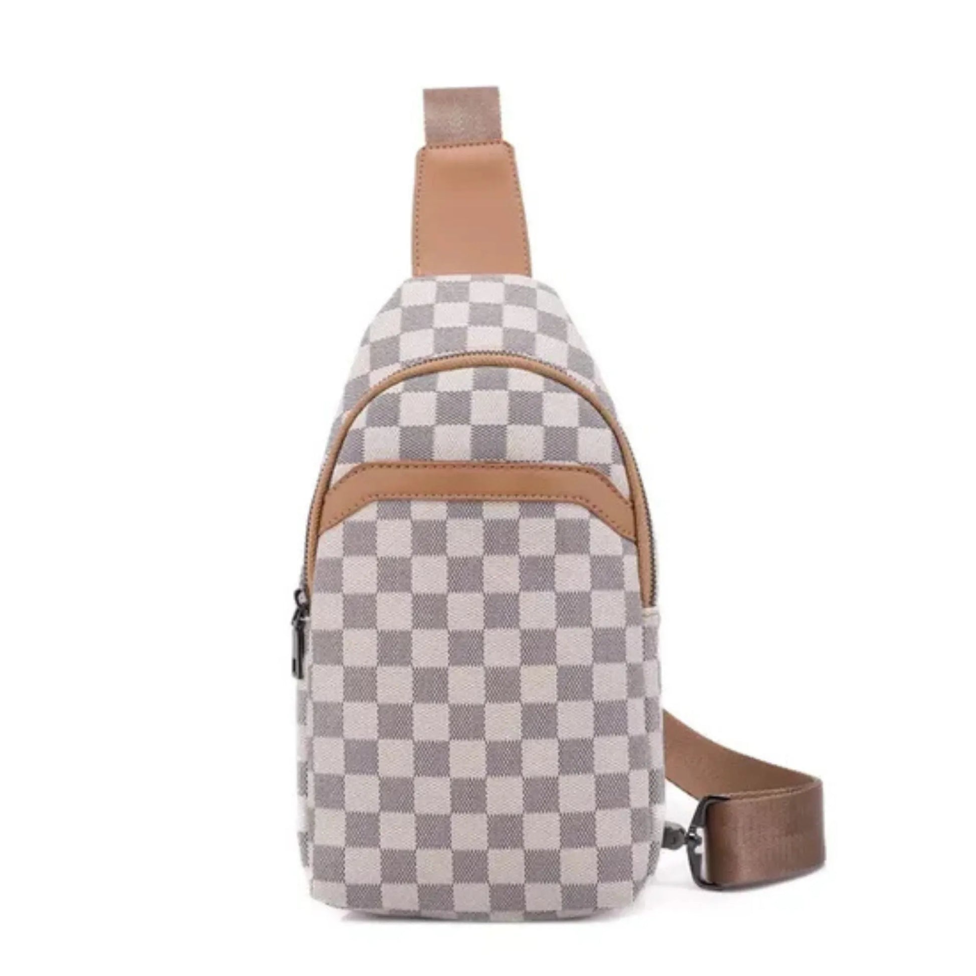 Checkered sling bag with brown accents on a white background