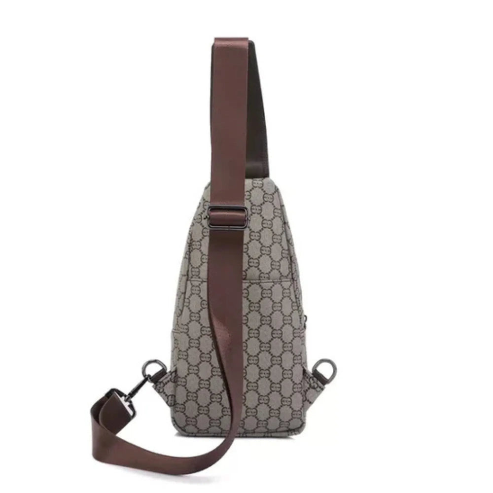 Ezzyrol men's sling backpack in a beige monogram print with a brown leather strap