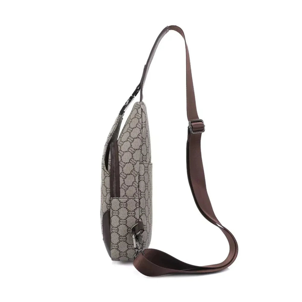 Sling bag with brown strap on a white background