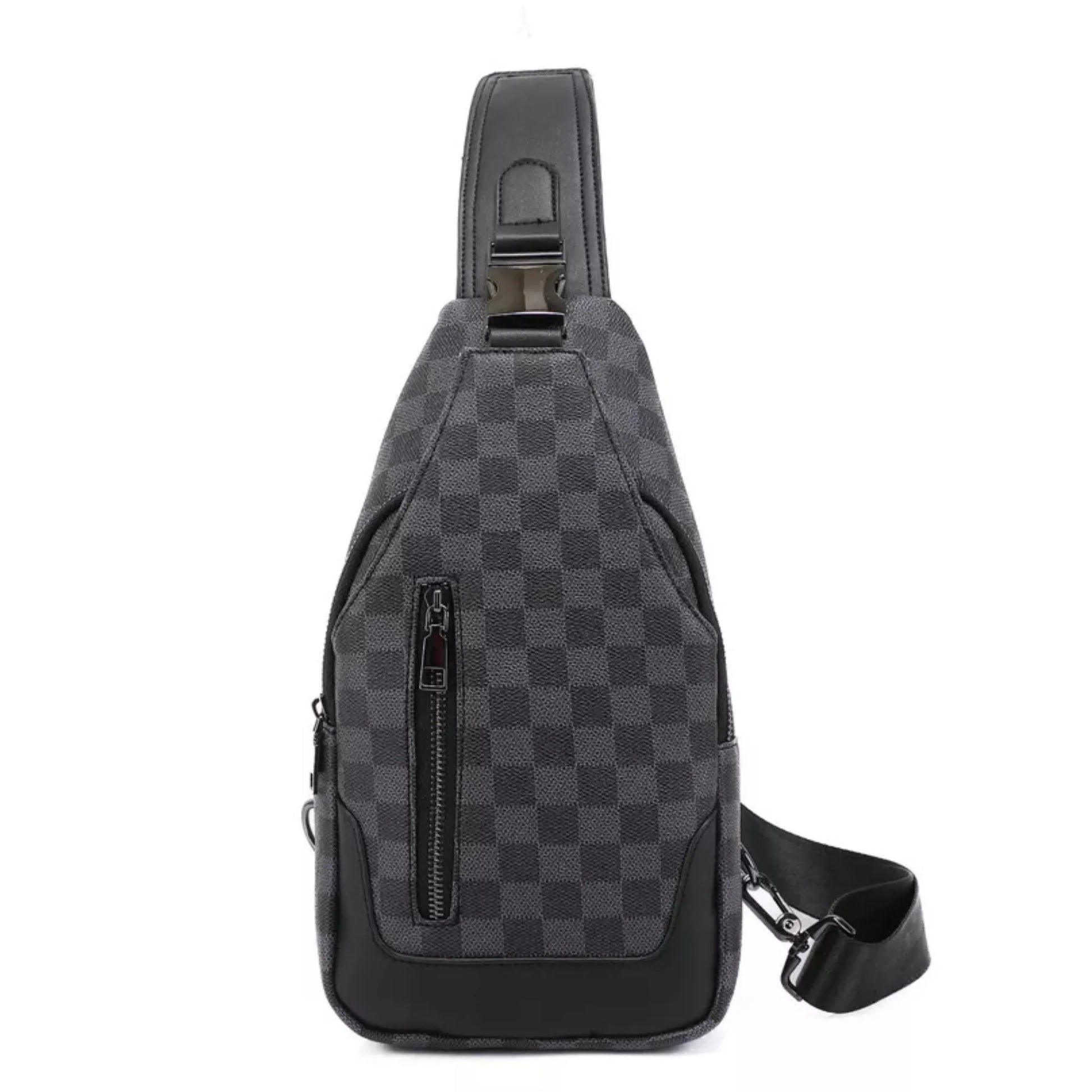 Gray checkered sling bag on a white background