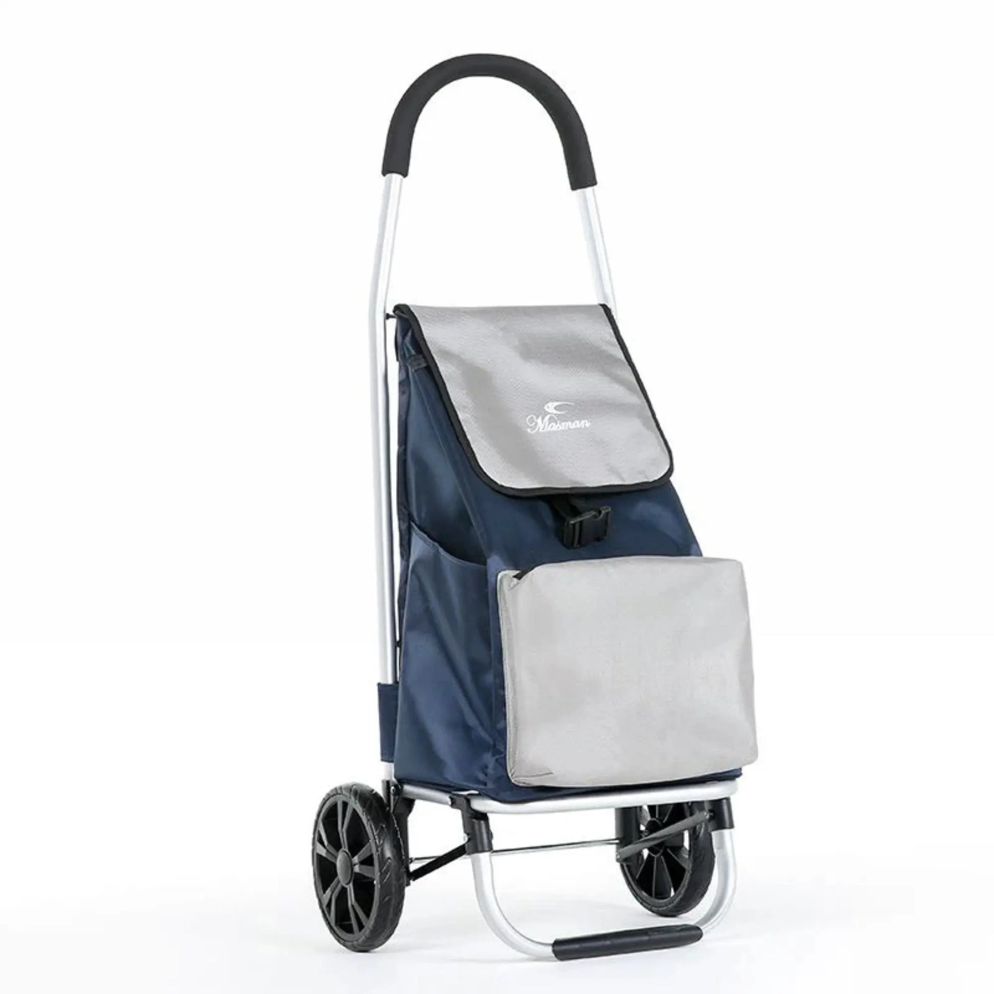 Blue and gray shopping cart with wheels on a white background