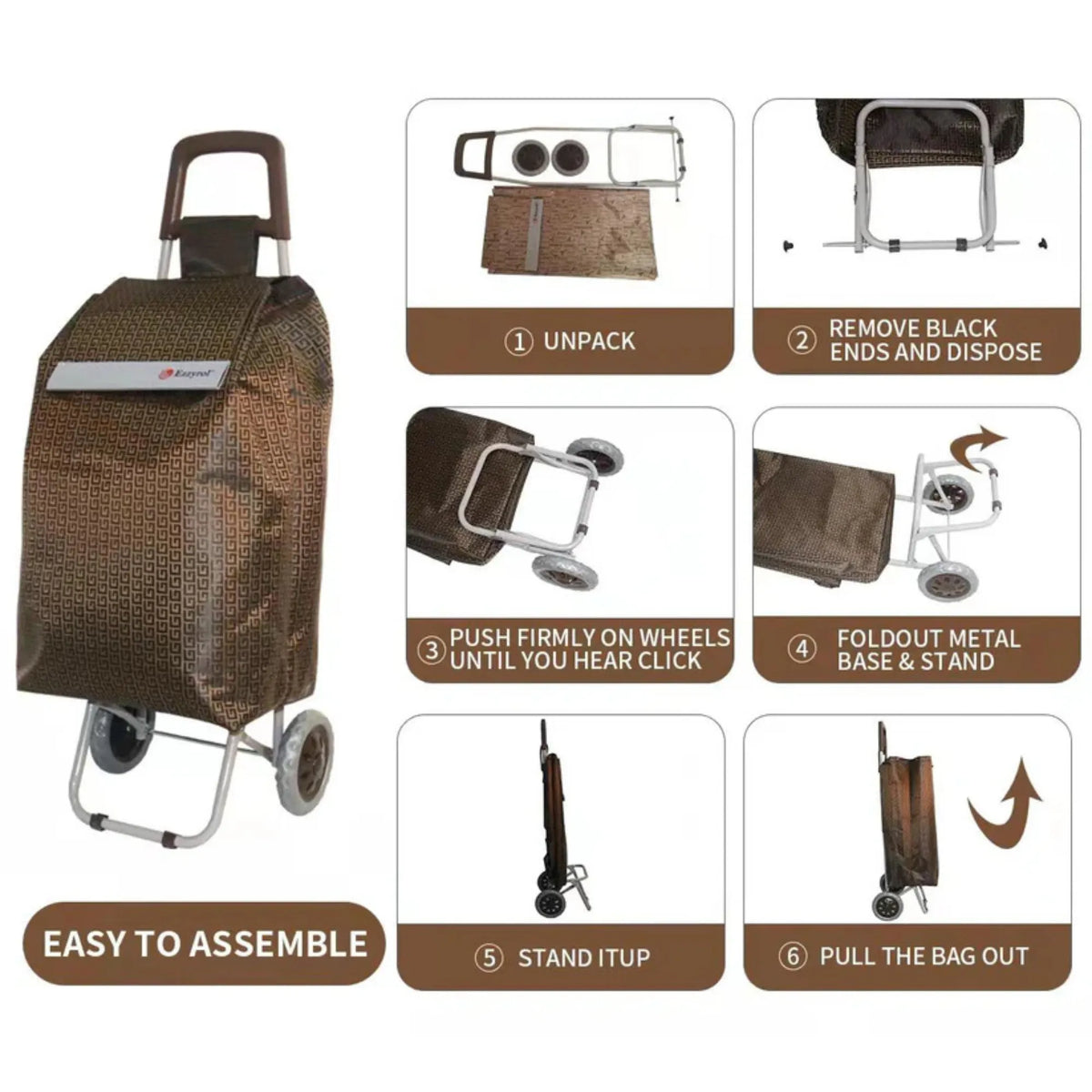 Brown shopping cart with assembly instructions on a white background