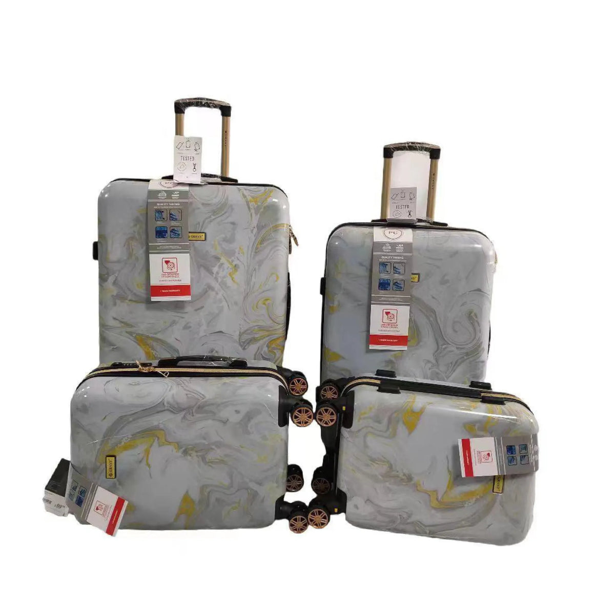 Set of four gray suitcases with marble pattern on a white background