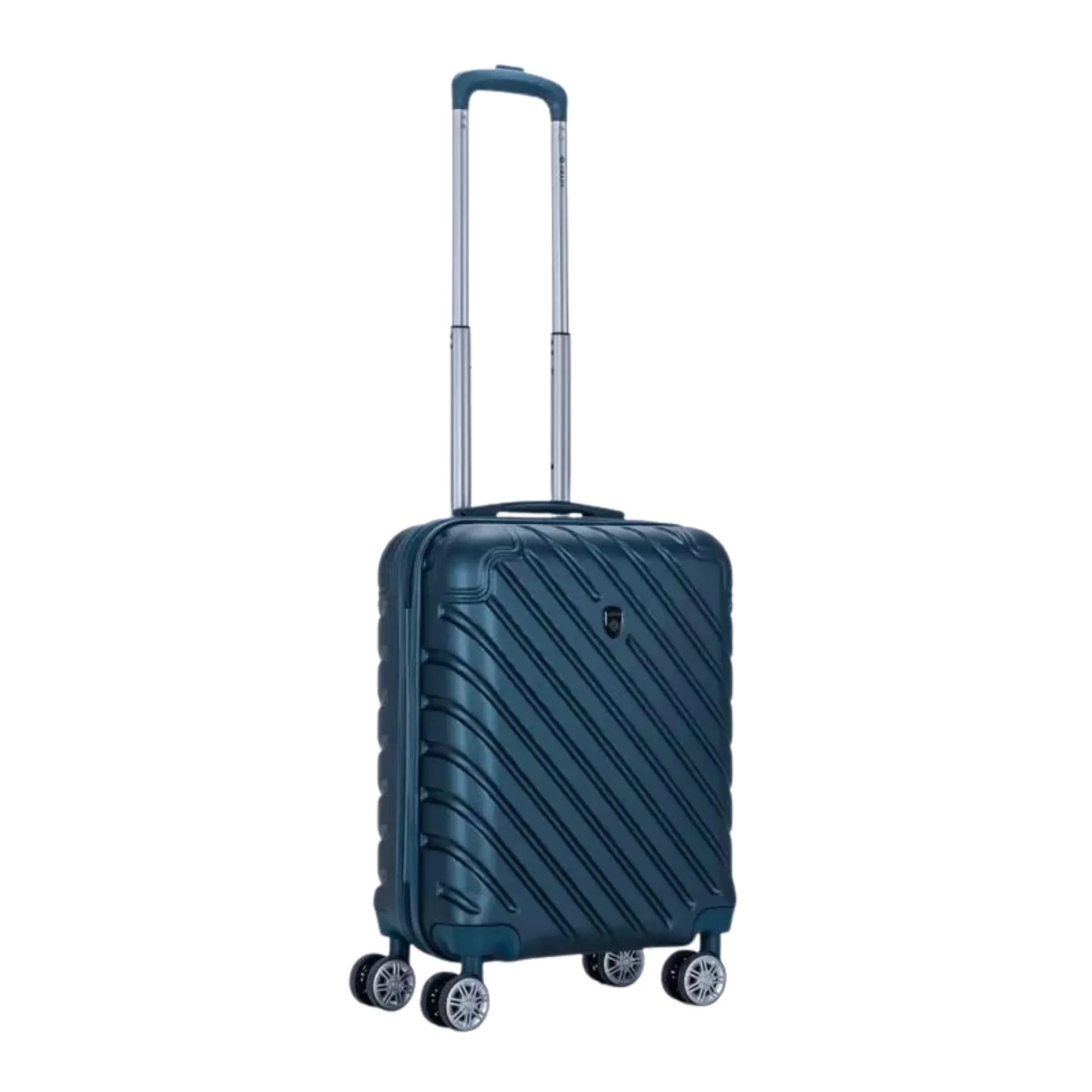 Blue suitcase with wheels on a white background