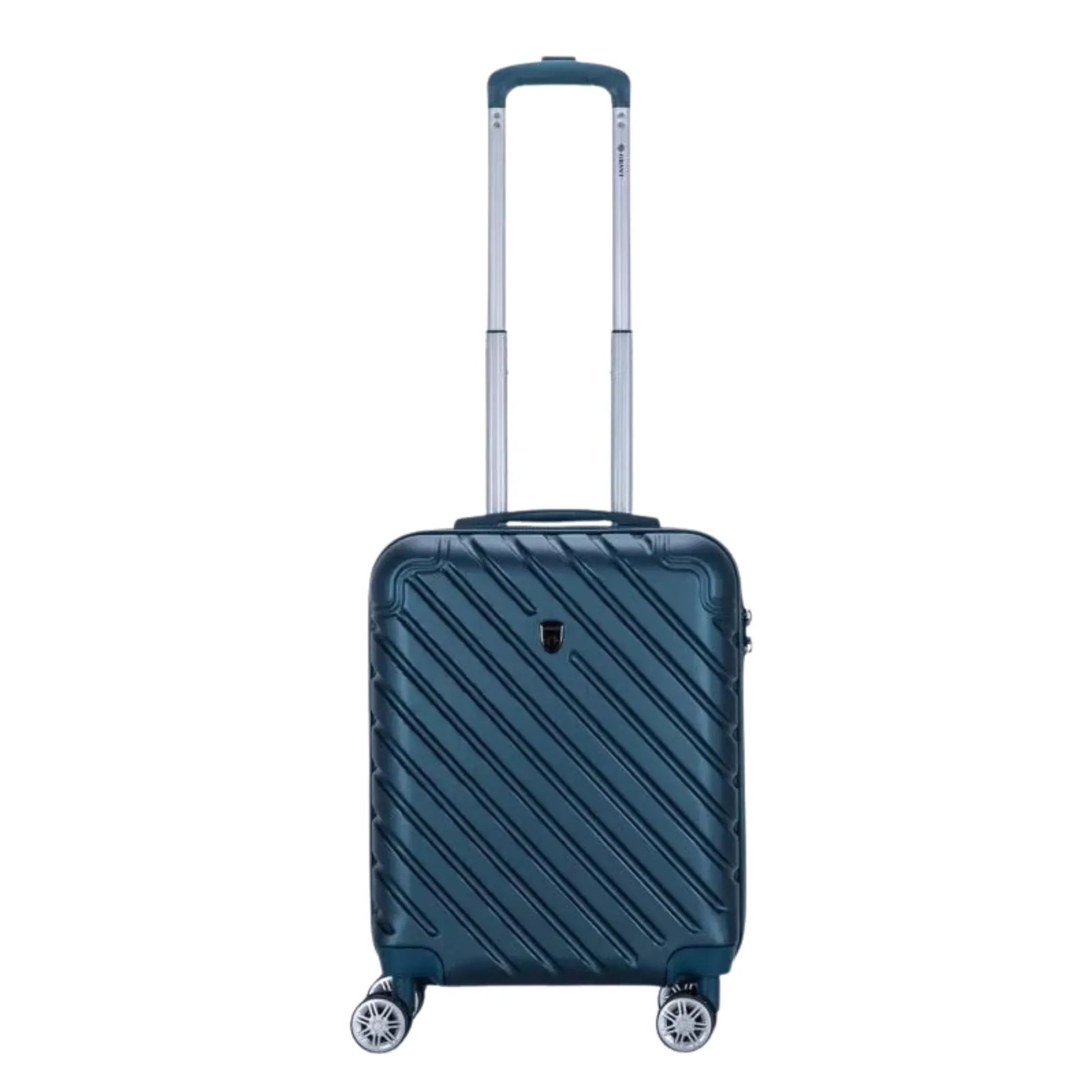 Blue suitcase with wheels and handle on a white background