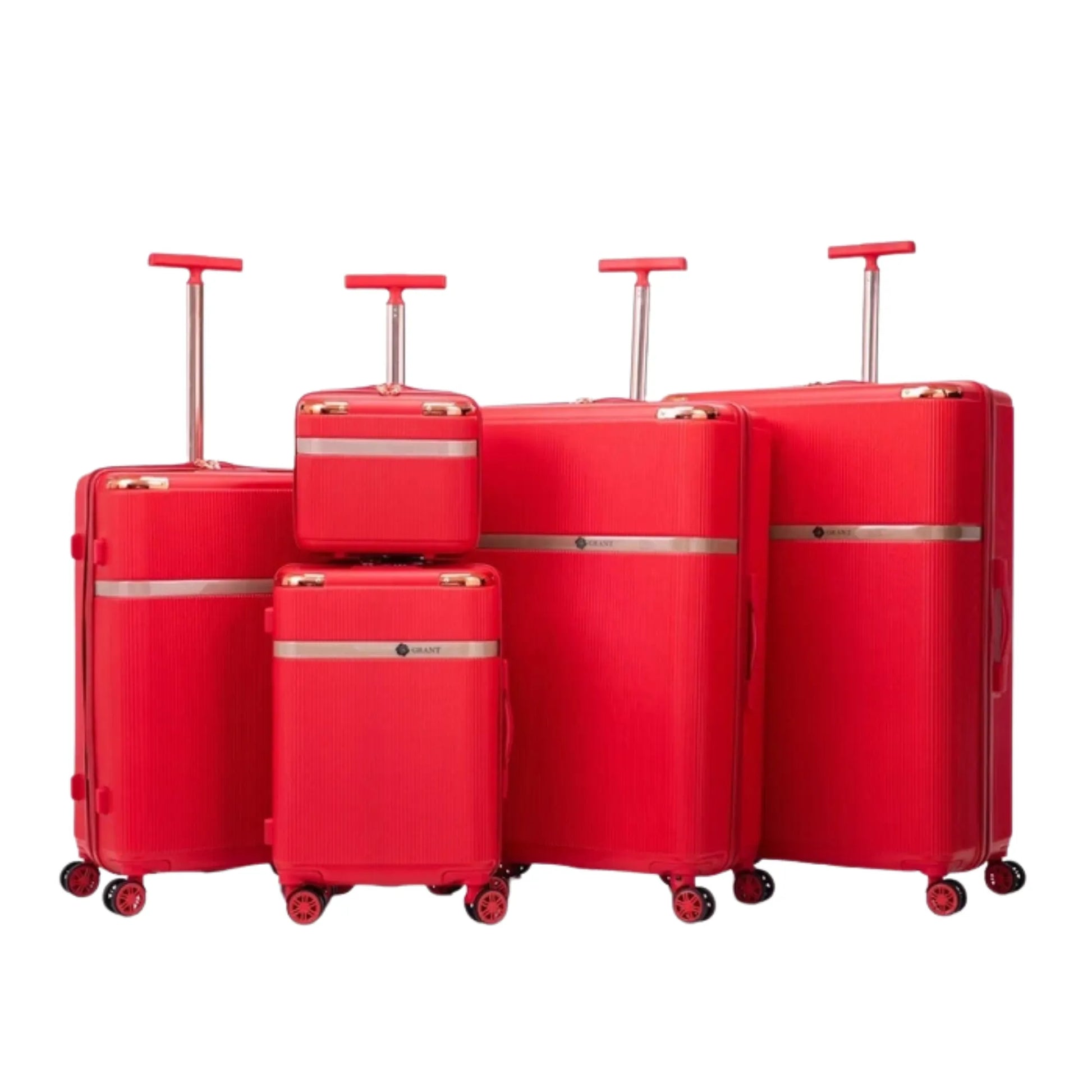 Set of red suitcases with gold accents on a white background