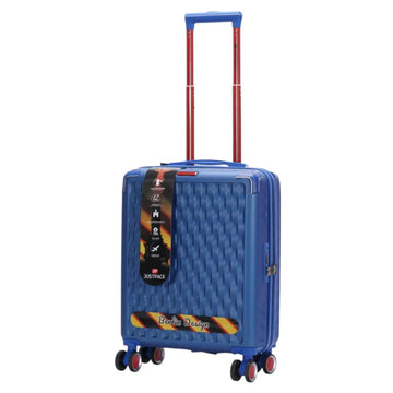 Blue suitcase with a patterned design on a white background