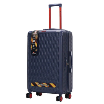 Blue suitcase with a patterned design on a white background