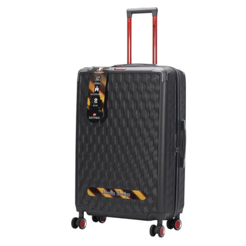 Black suitcase with red handle on a white background