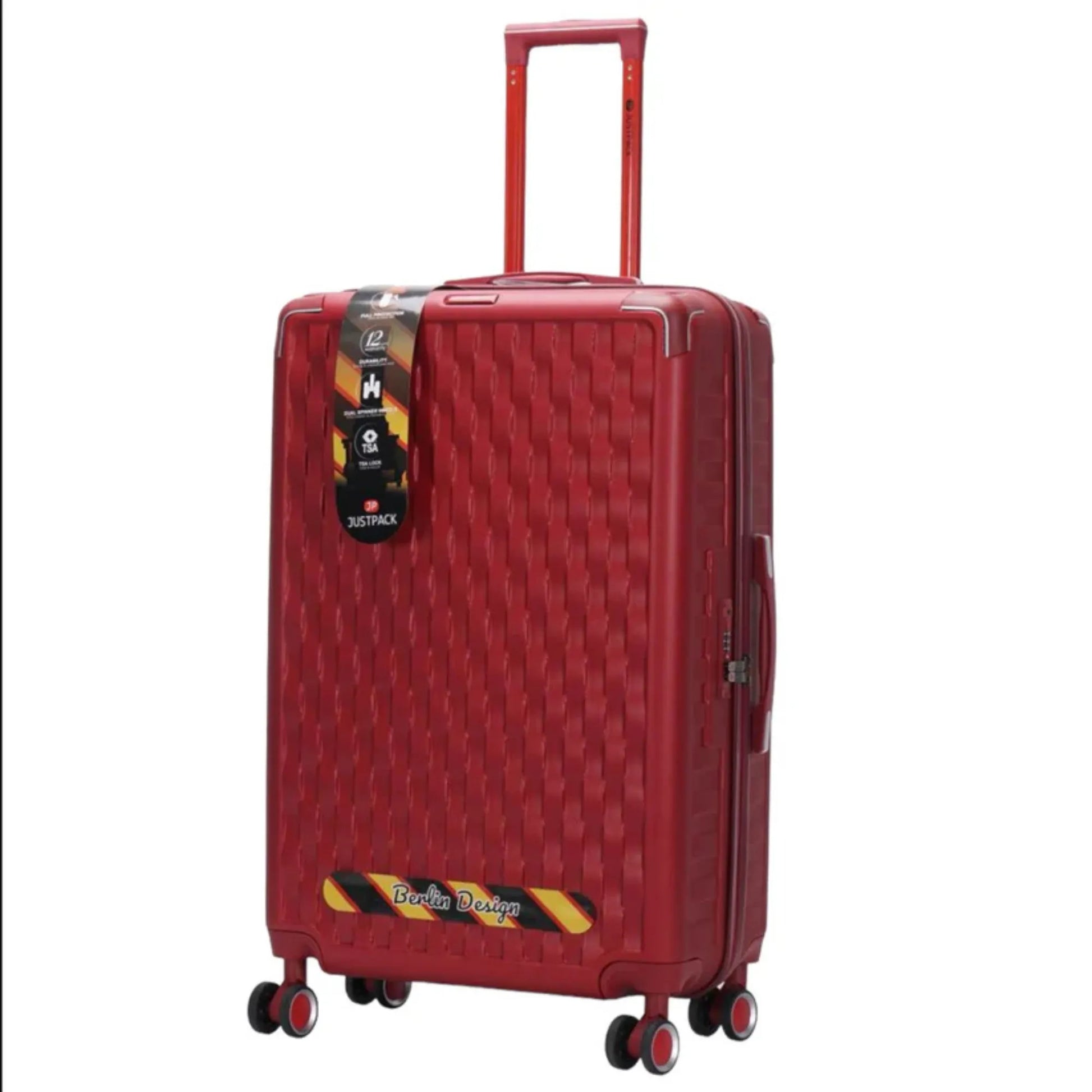 Red suitcase with a patterned design on a white background