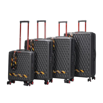 Set of black suitcases with red handles on a white background