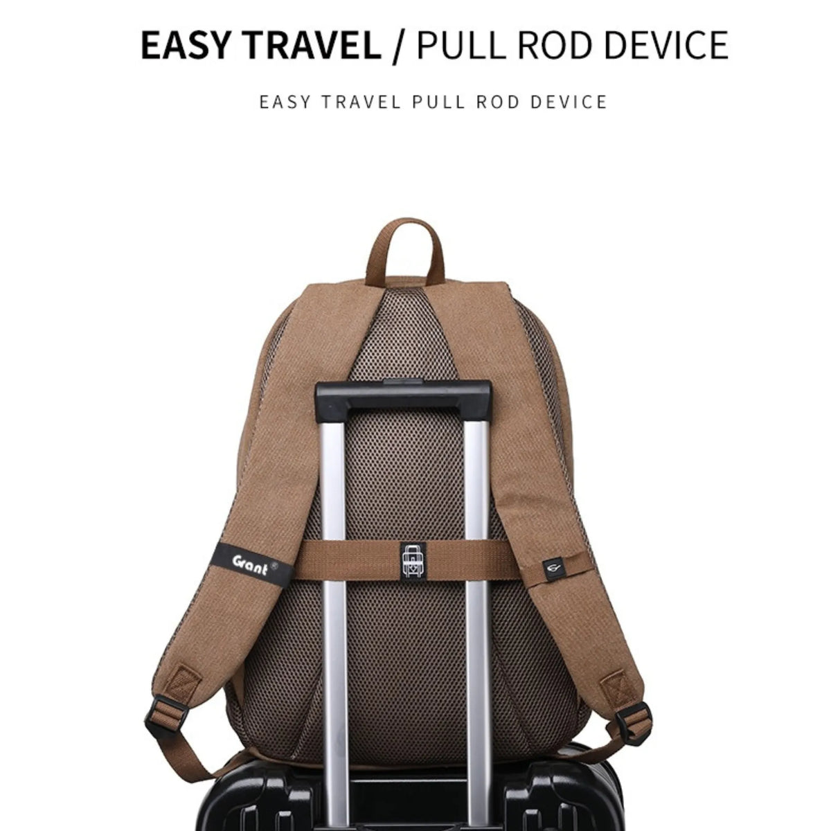Brown backpack with pull rod device attached to a suitcase on a white background