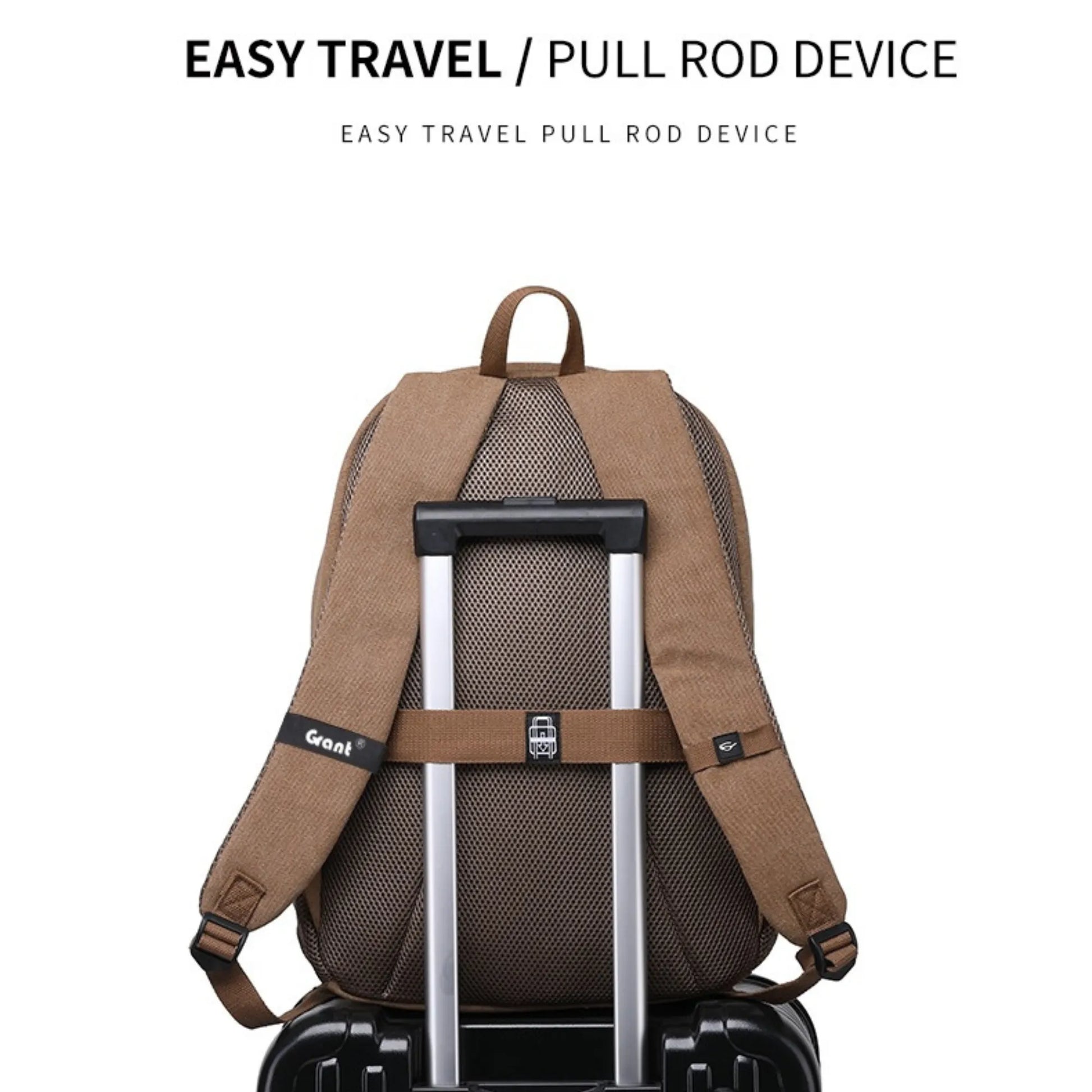 Brown backpack with pull rod device attached to a suitcase on a white background