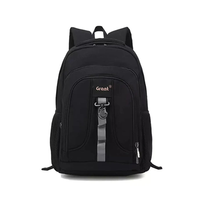 Black backpack with a visible brand logo on a white background