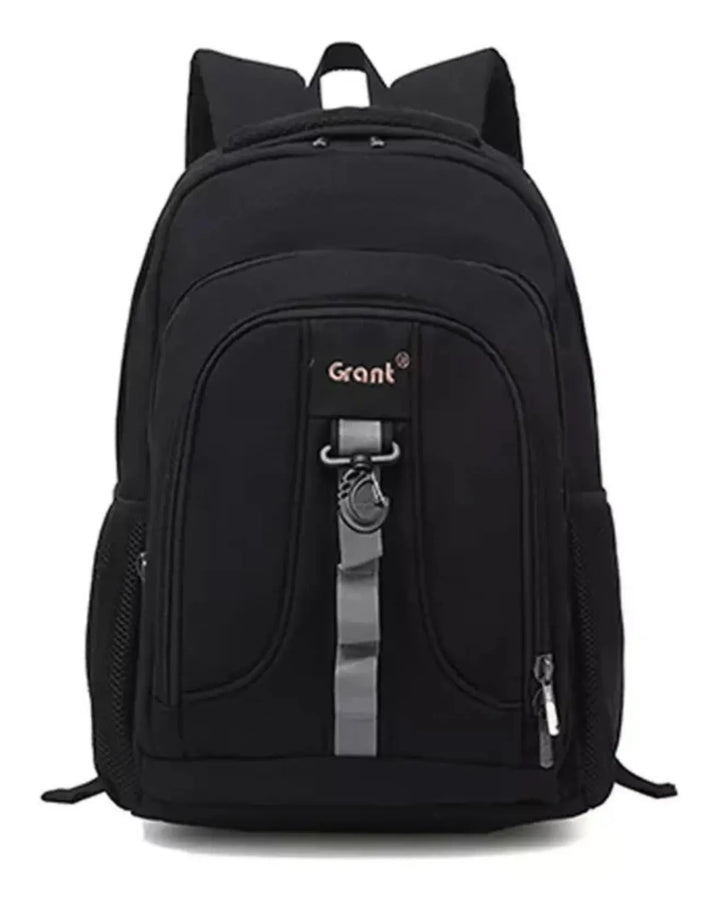 Black backpack with a visible brand logo on a white background