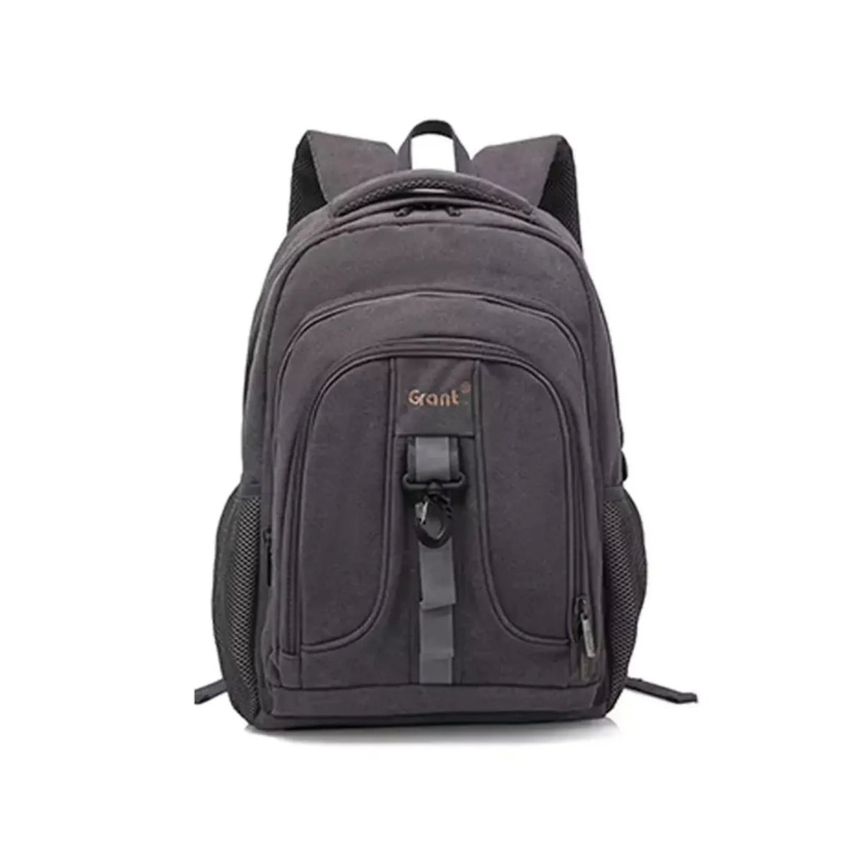 Gray backpack with 'Grant' logo on a white background