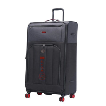 Black suitcase with red accents on a white background