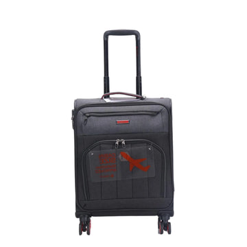 Black suitcase with a red logo on a white background
