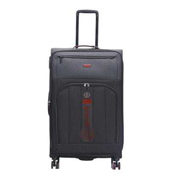 Black suitcase with a visible brand logo on a white background