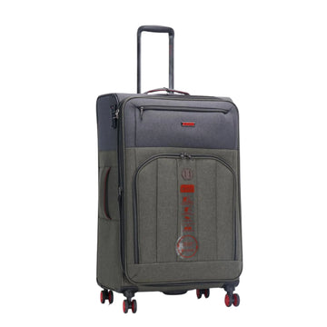 Gray suitcase with wheels and handle on a white background