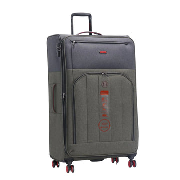 Gray suitcase with wheels and handle on a white background