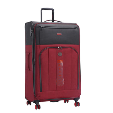 Red and black suitcase with wheels on a white background