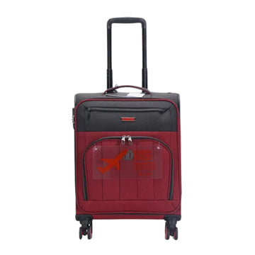 Red and black suitcase with a clear window on a white background