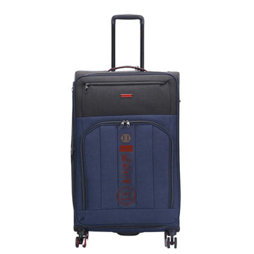 Blue suitcase with red branding on a white background